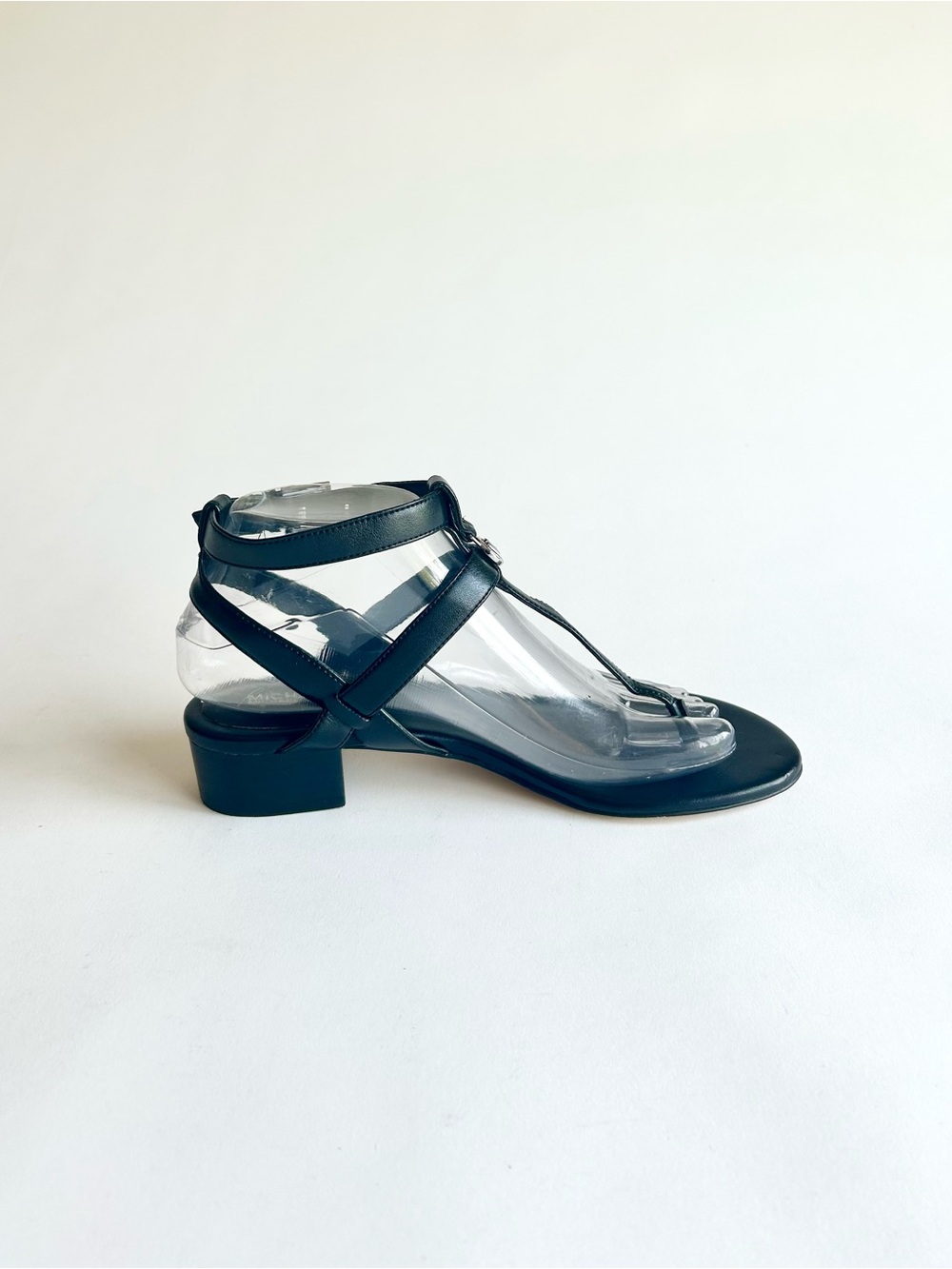 Michael Kors Black Leather Ankle Strap Silver Metal Logo Sandals size 7 - Picture 3 of 16